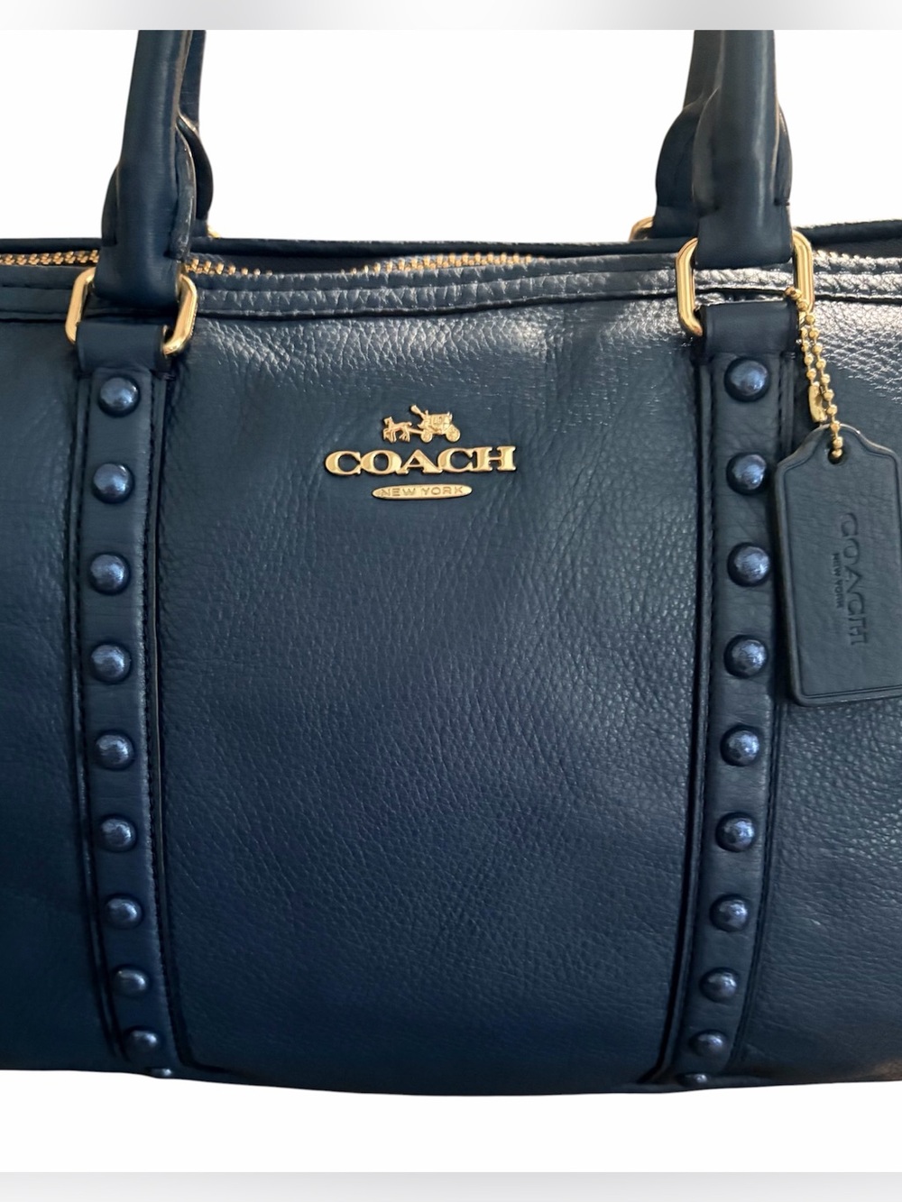 Coach Blue Central Studded Pebble Leather Satchel - Picture 4 of 11